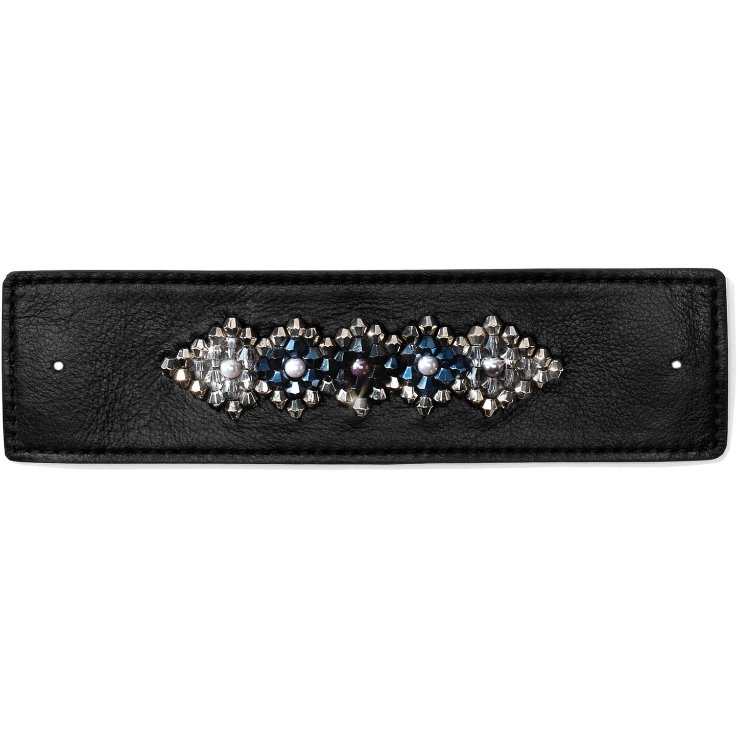 Brighton black leather bracelet band with silver-tone beaded medallion, crystal accents, and pearl centers on a white background