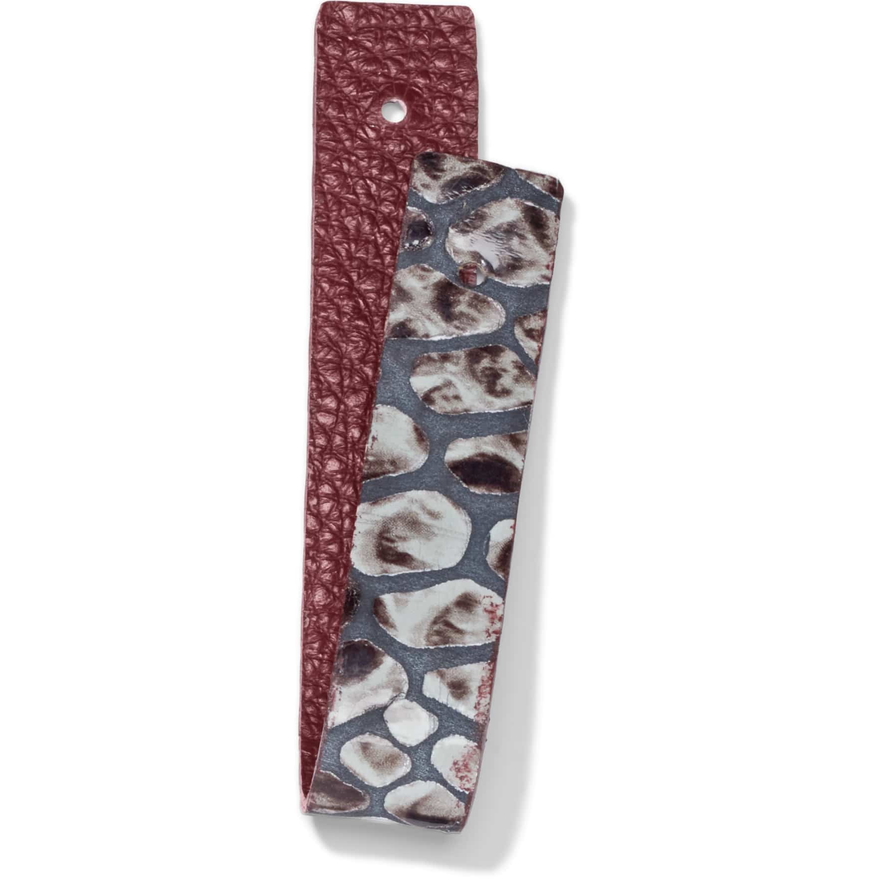 Brighton reversible leather belt strap shown with burgundy pebbled side and gray snakeskin print side on a white background