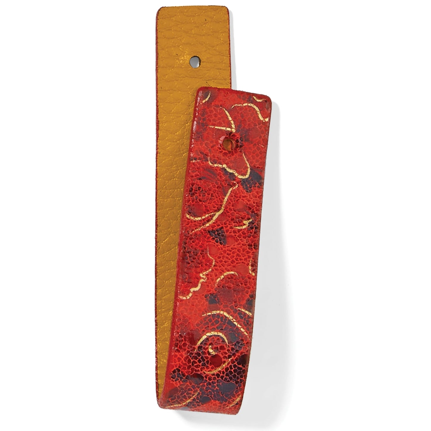 Brighton leather mezuzah case with red and gold textured front panel over yellow backing on a white background