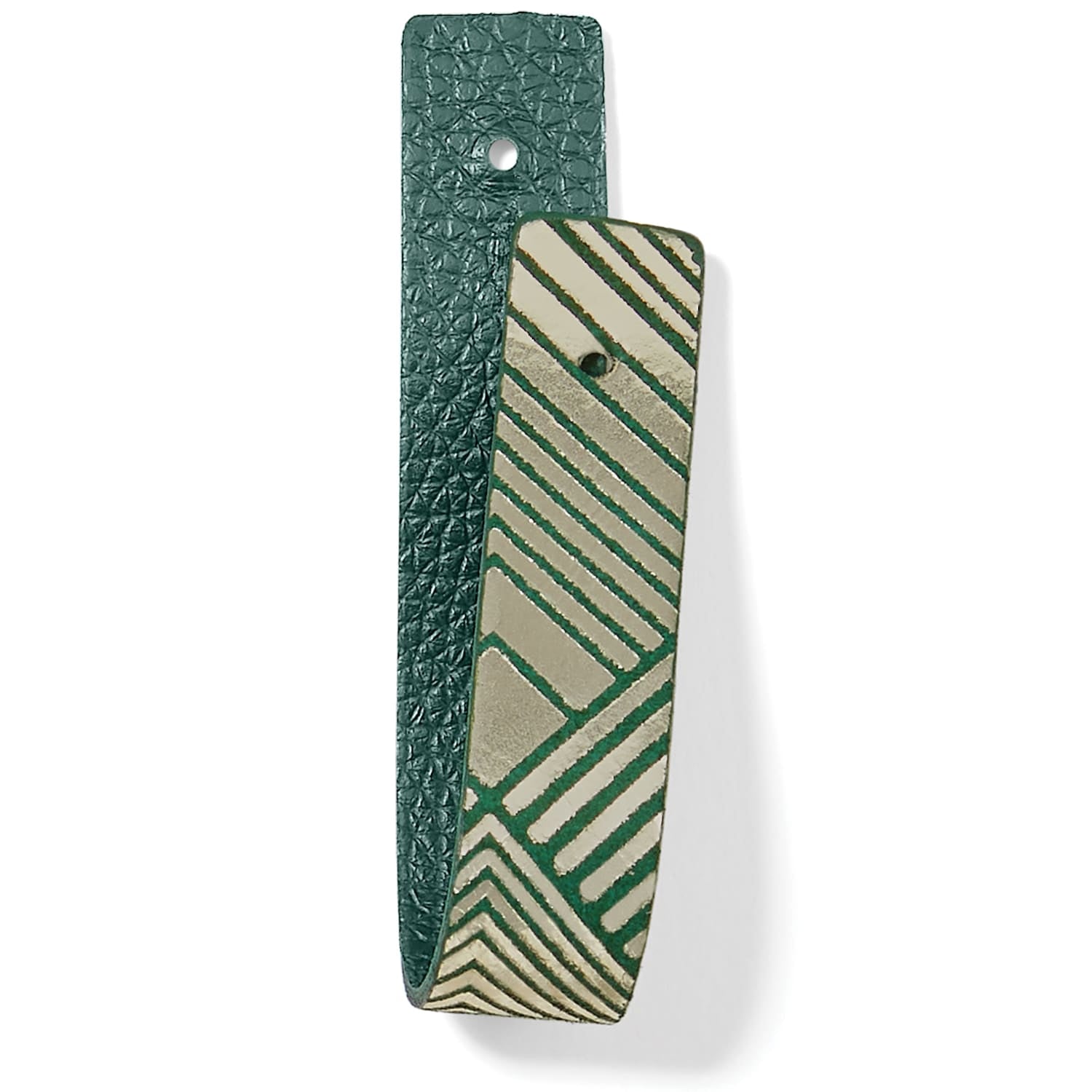 Brighton green leather strap with metallic geometric striped pattern and snap closure on a white background
