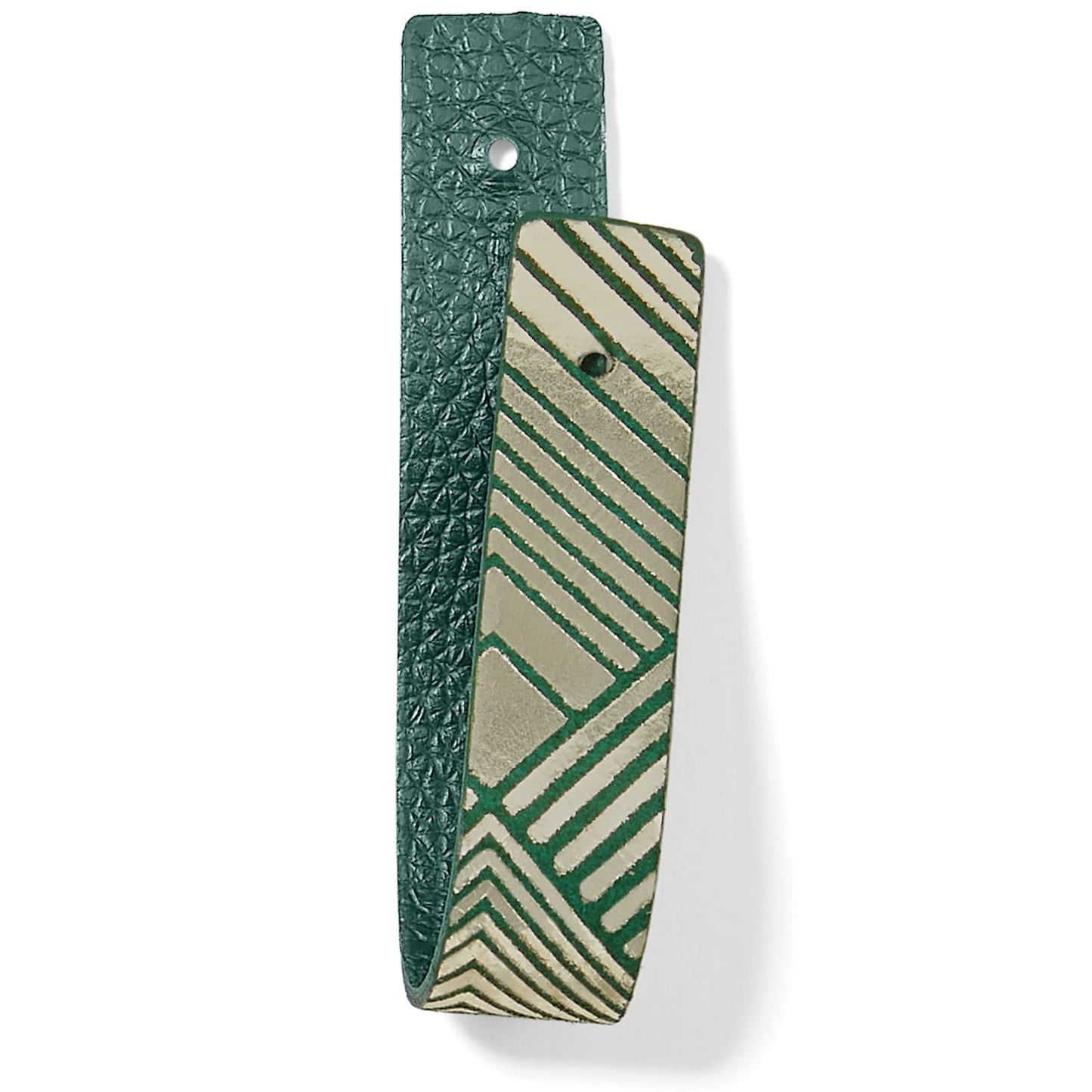 Brighton green leather strap with metallic geometric striped pattern and snap closure on a white background