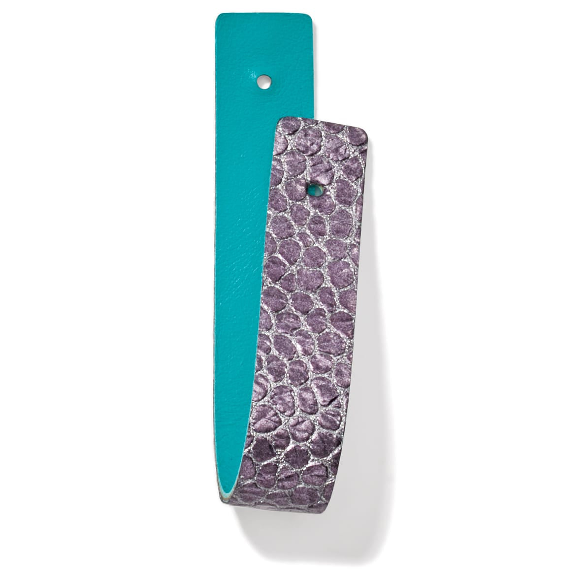 Brighton reversible leather bracelet strap with purple snakeskin texture and turquoise underside on a white background