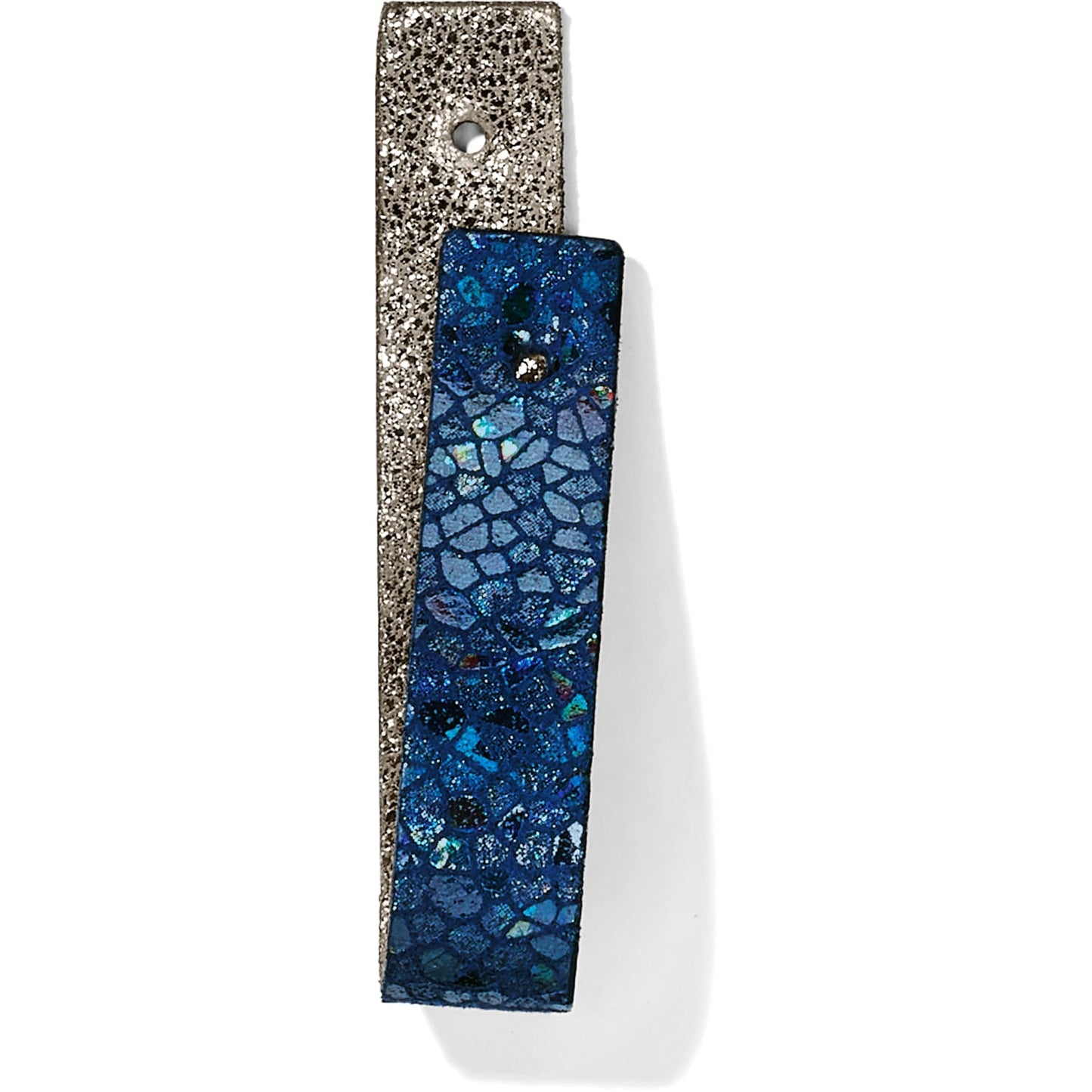 Brighton leather strap with metallic silver glitter finish and blue mosaic textured panel on a white background
