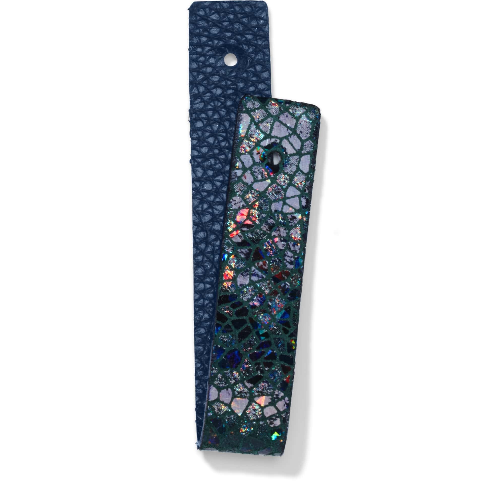 Brighton leather strap with navy pebbled texture and green iridescent mosaic pattern on a white background