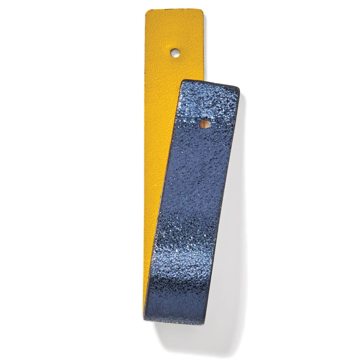 Brighton leather mezuzah with yellow and textured blue-black panels featuring mounting holes on a white background