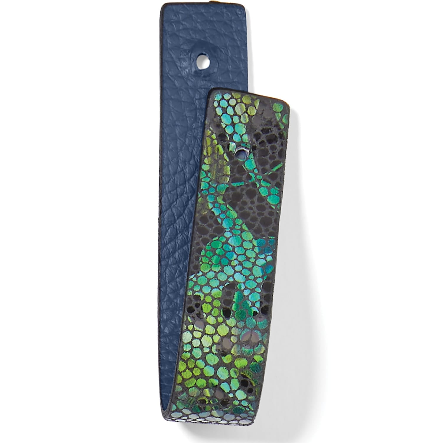 Brighton leather strap with green and black speckled snakeskin print and navy blue textured backing on a white background
