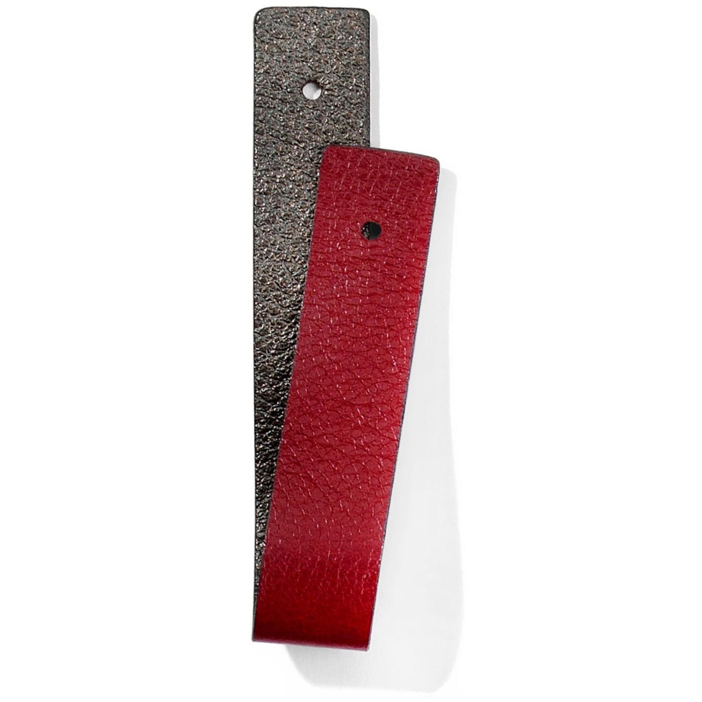 Brighton reversible leather strap shown in metallic gunmetar and red pebbled finishes with stud holes on a white background