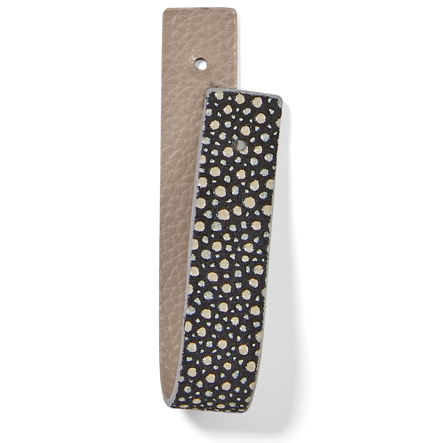 Brighton reversible leather strap with taupe pebbled side and black speckled dotted side on a white background