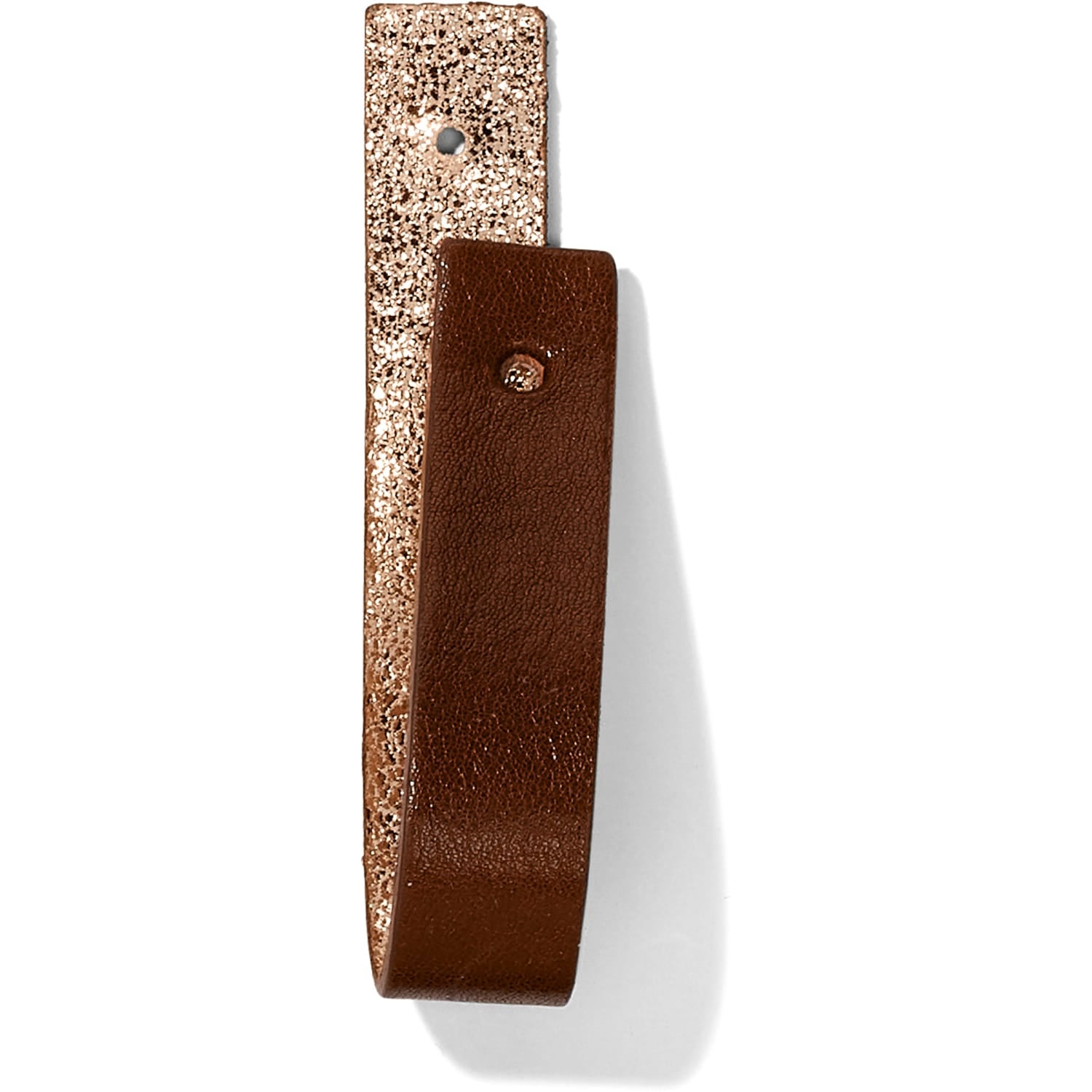 Brighton reversible leather bracelet with rose gold glitter side and brown smooth leather side on a white background