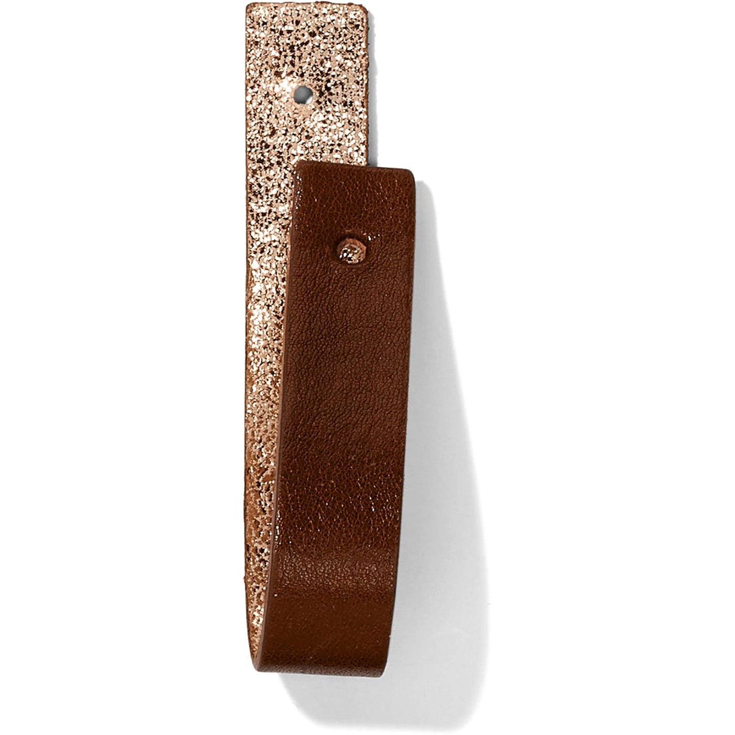 Brighton reversible leather bracelet with rose gold glitter side and brown smooth leather side on a white background