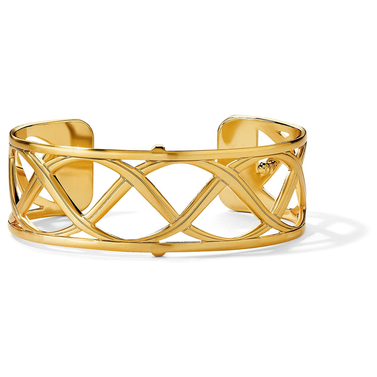 Brighton cuff bracelet with gold-plated openwork crisscross lattice design and polished finish on a white background