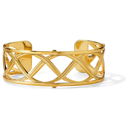 Brighton cuff bracelet with gold-plated openwork crisscross lattice design and polished finish on a white background