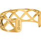 Brighton cuff bracelet with gold-plated openwork crisscross design and engraved logo plate on a white background