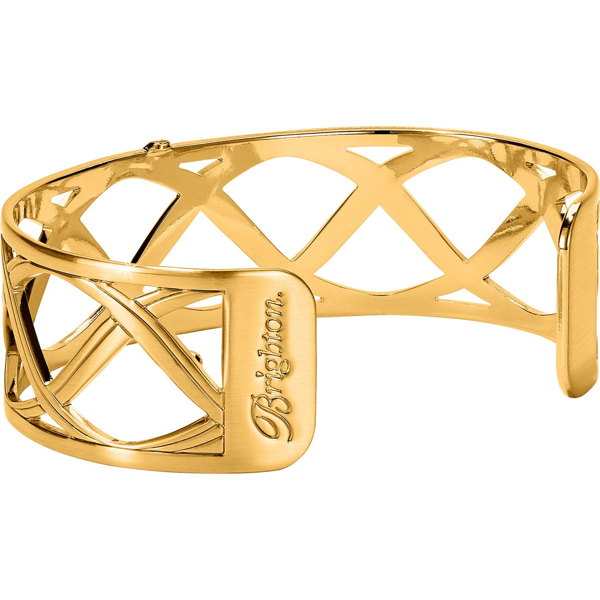 Brighton cuff bracelet with gold-plated openwork crisscross design and engraved logo plate on a white background