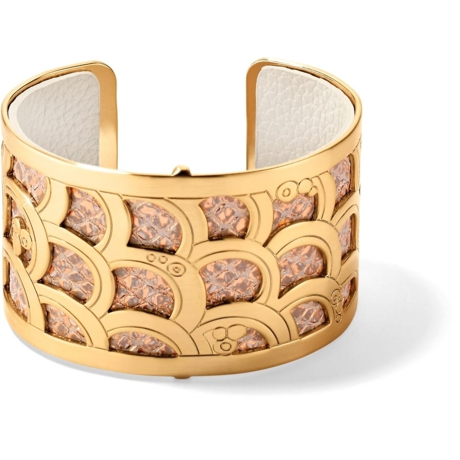 Brighton gold-plated cuff bracelet with scalloped cutout design over textured leather insert on a white background