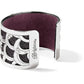 Brighton silver-plated cuff bracelet with scalloped cutout design and purple leather interior on a white background