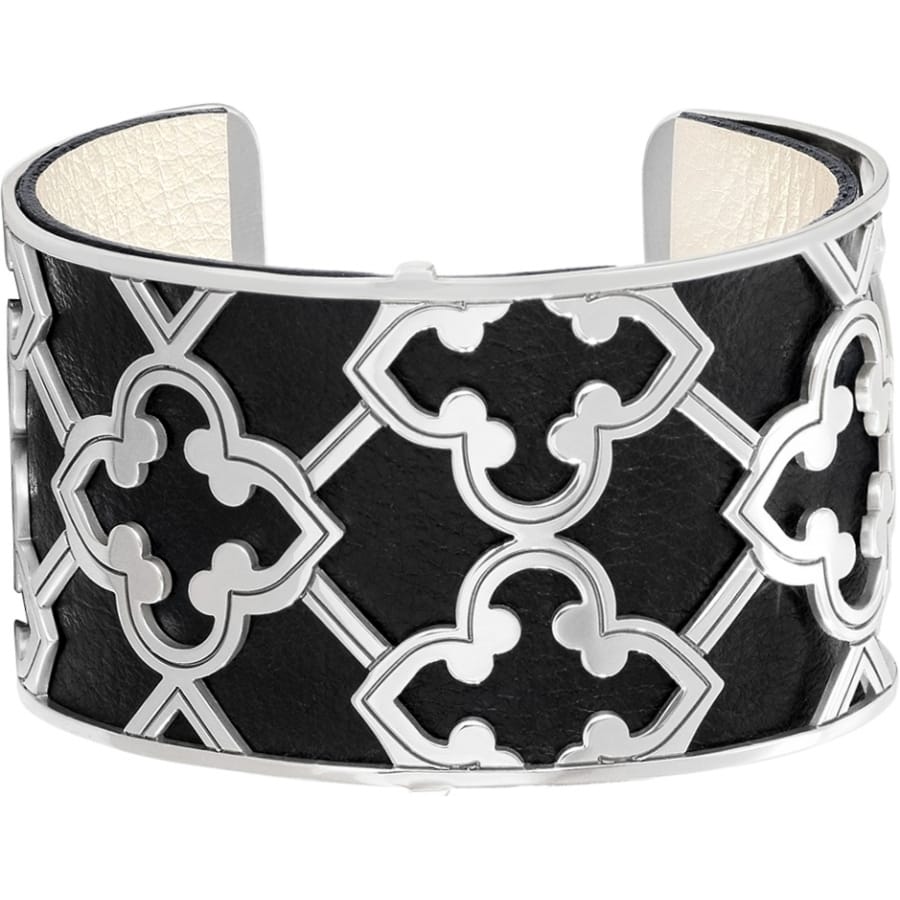 Brighton cuff bracelet with black leather inlay and silver-plated quatrefoil lattice overlay on a white background