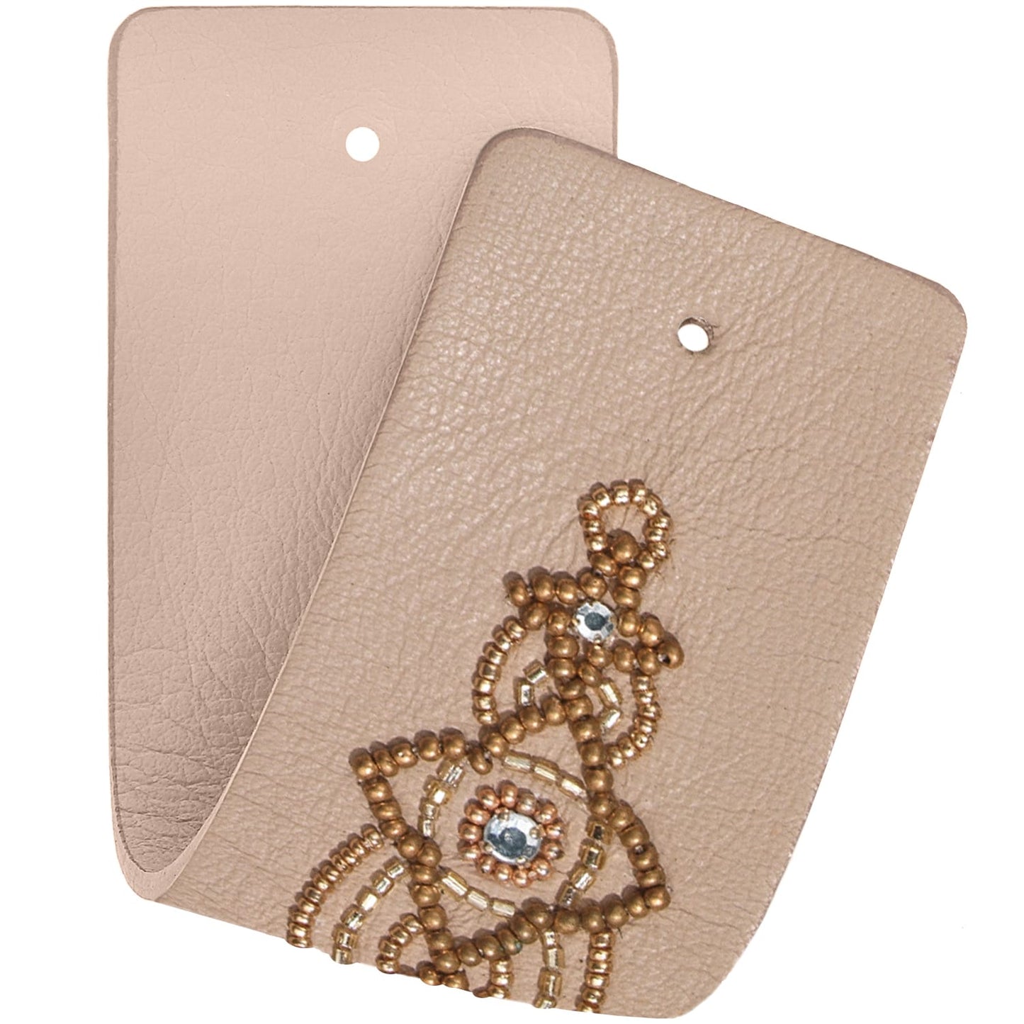 Brighton leather card holders in beige with beaded gold rabbit design and crystal accents on a white background