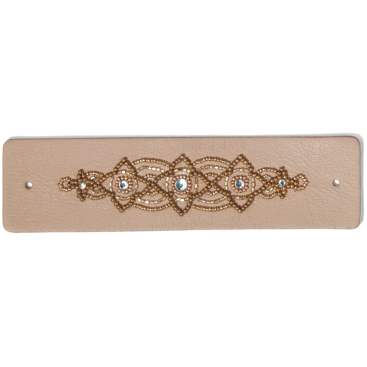 Brighton leather bracelet with bronze beaded medallion pattern and crystal accents on a white background