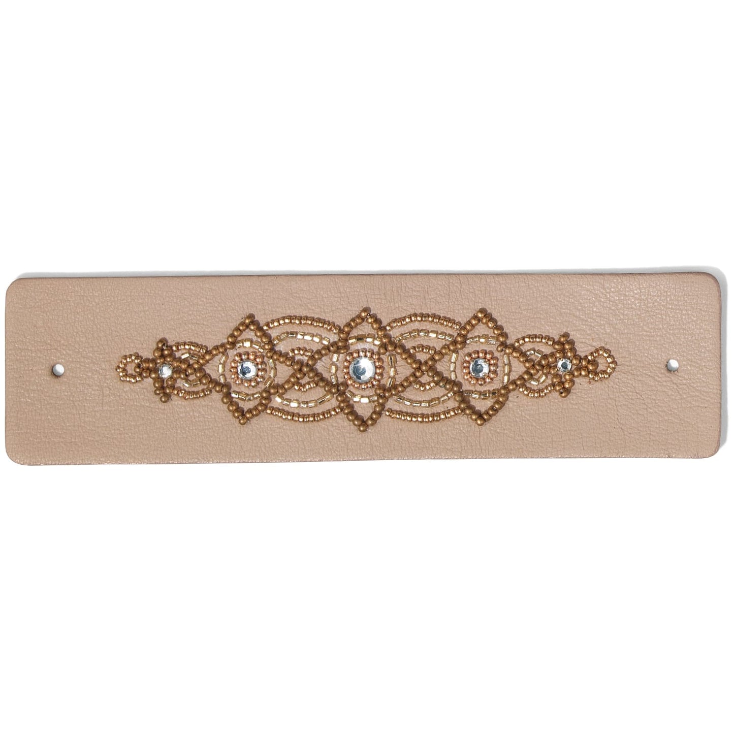 Brighton leather bracelet with bronze beaded medallion pattern and crystal accents on a white background