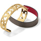 Brighton bracelet set with gold-plated heart cutout cuff and gray leather strap with red interior on a white background