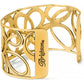 Brighton cuff bracelet with gold-plated openwork loop design and engraved logo plate on a white background