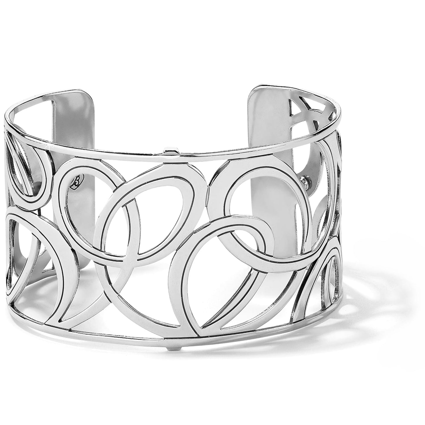 Brighton cuff bracelet with silver-plated openwork design featuring interlocking circles and swirl motifs on a white background
