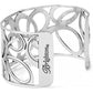 Brighton wide cuff bracelet with silver-tone openwork swirl design and engraved logo plate on a white background