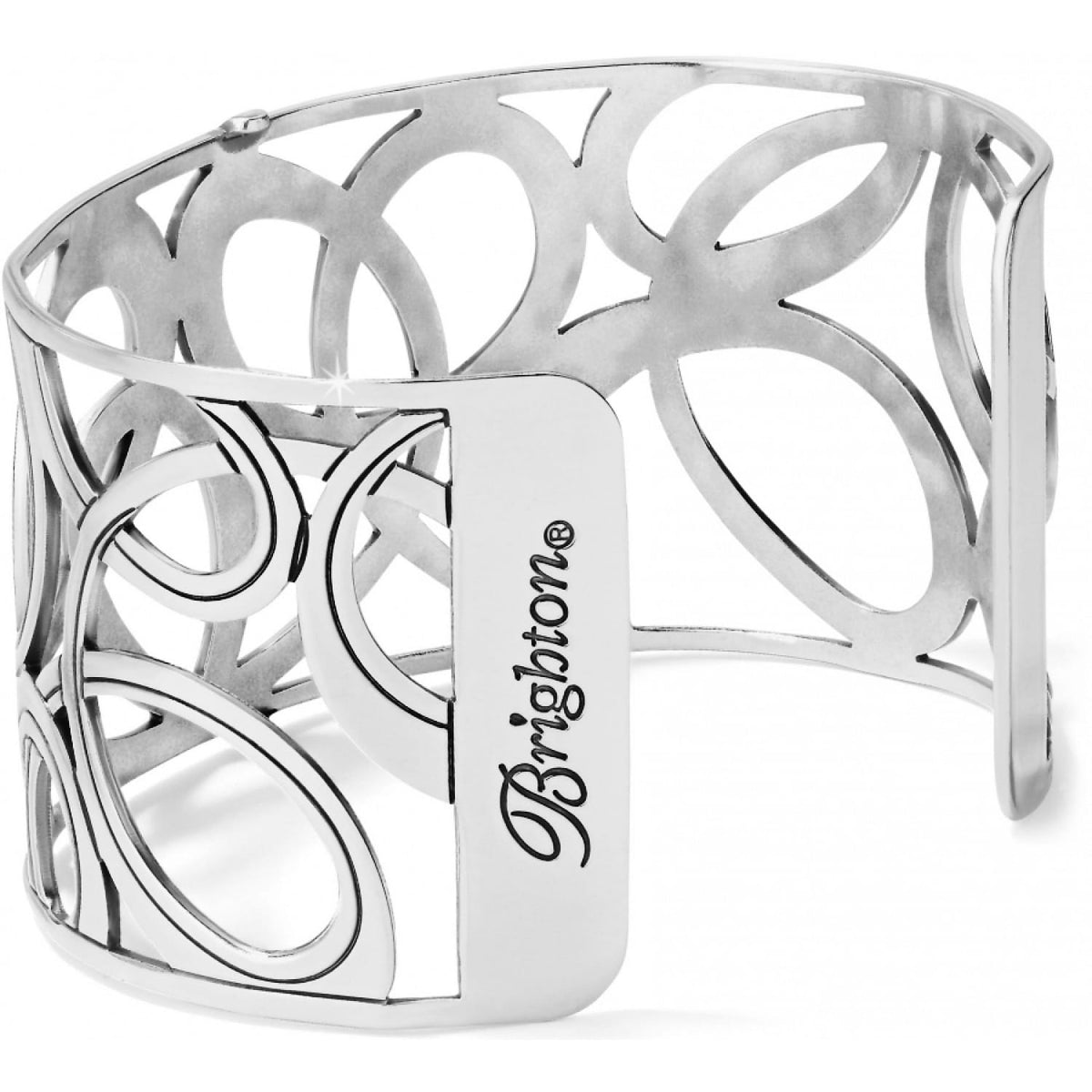 Brighton wide cuff bracelet with silver-tone openwork swirl design and engraved logo plate on a white background
