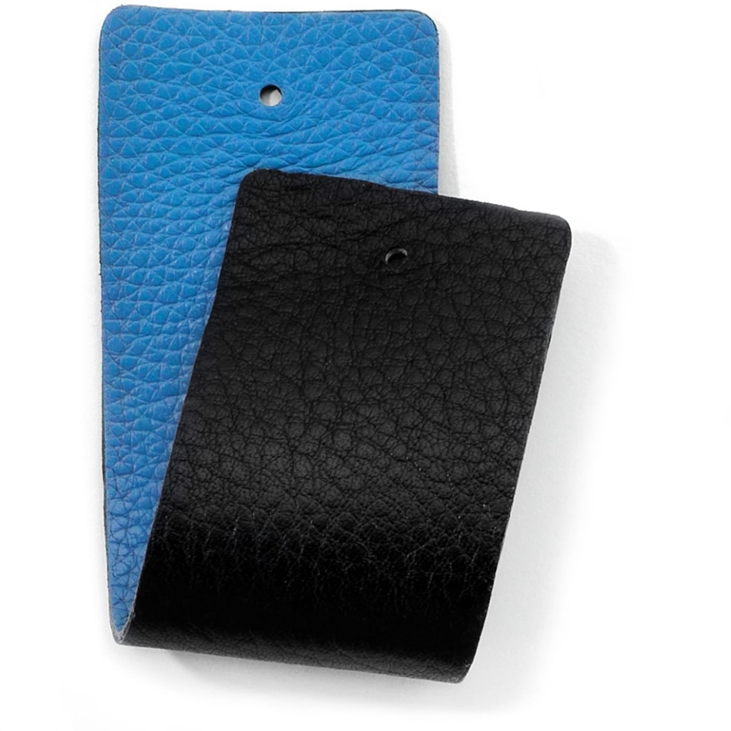 Brighton leather swatches in blue and black showing pebbled texture with small punched holes on a white background