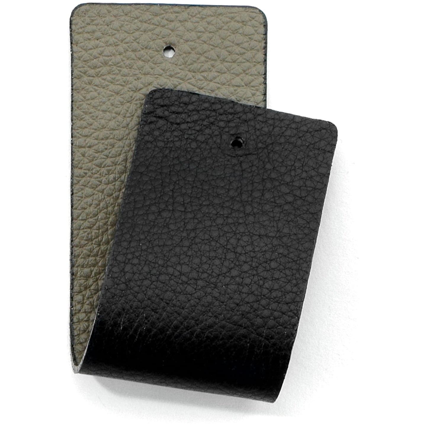 Brighton leather swatches in gray and black showing pebbled texture with punched holes on a white background