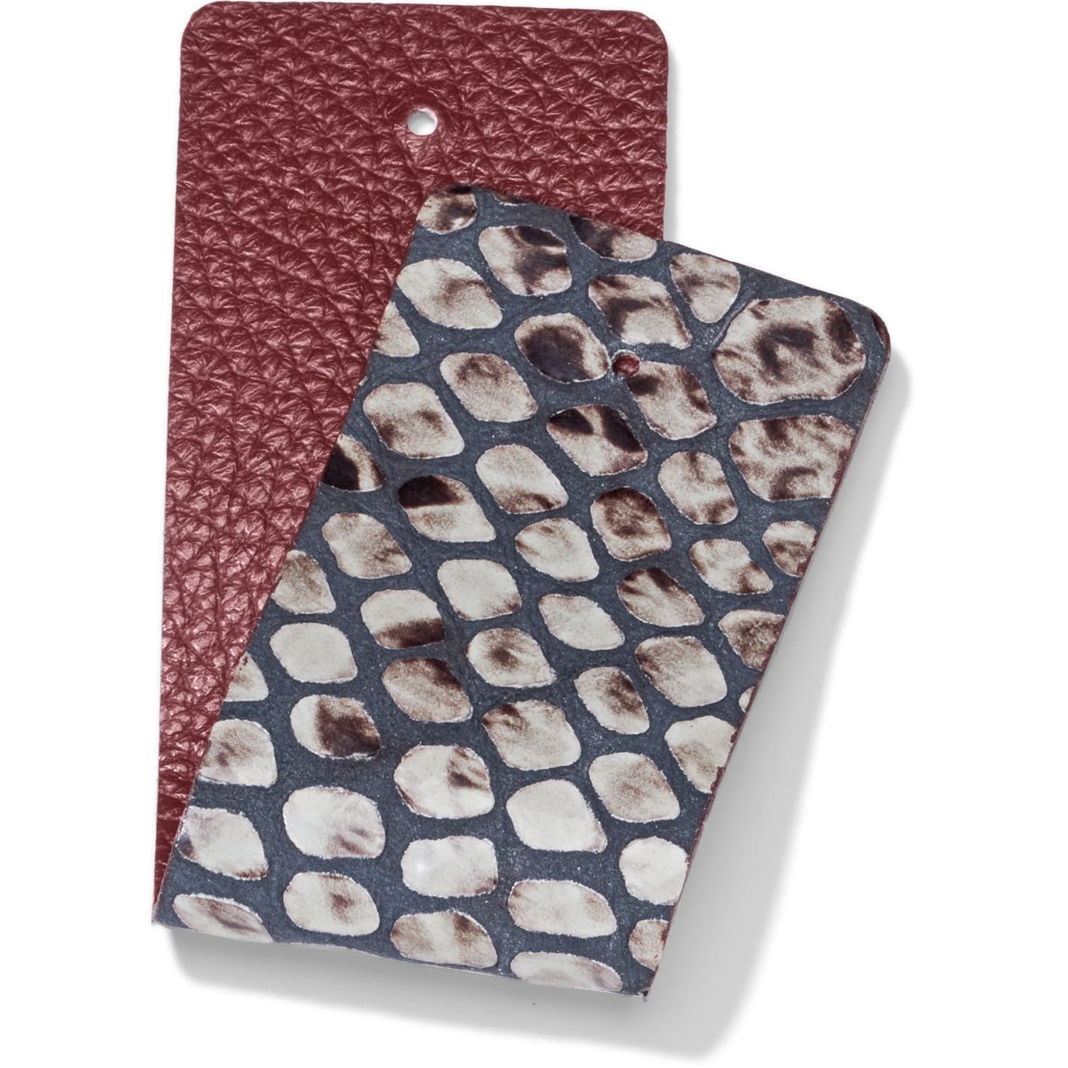 Brighton leather swatch samples in burgundy pebbled texture and gray snakeskin print with white scales on a white background