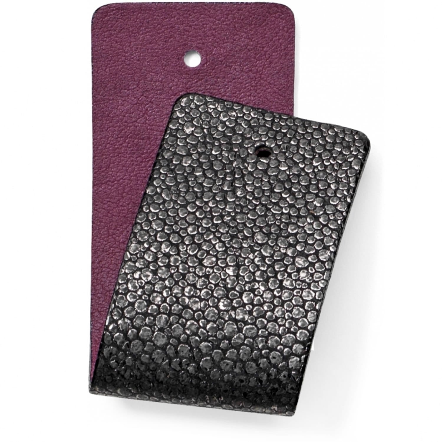 Brighton leather swatches showing purple pebbled texture and black beaded stingray-style texture on a white background