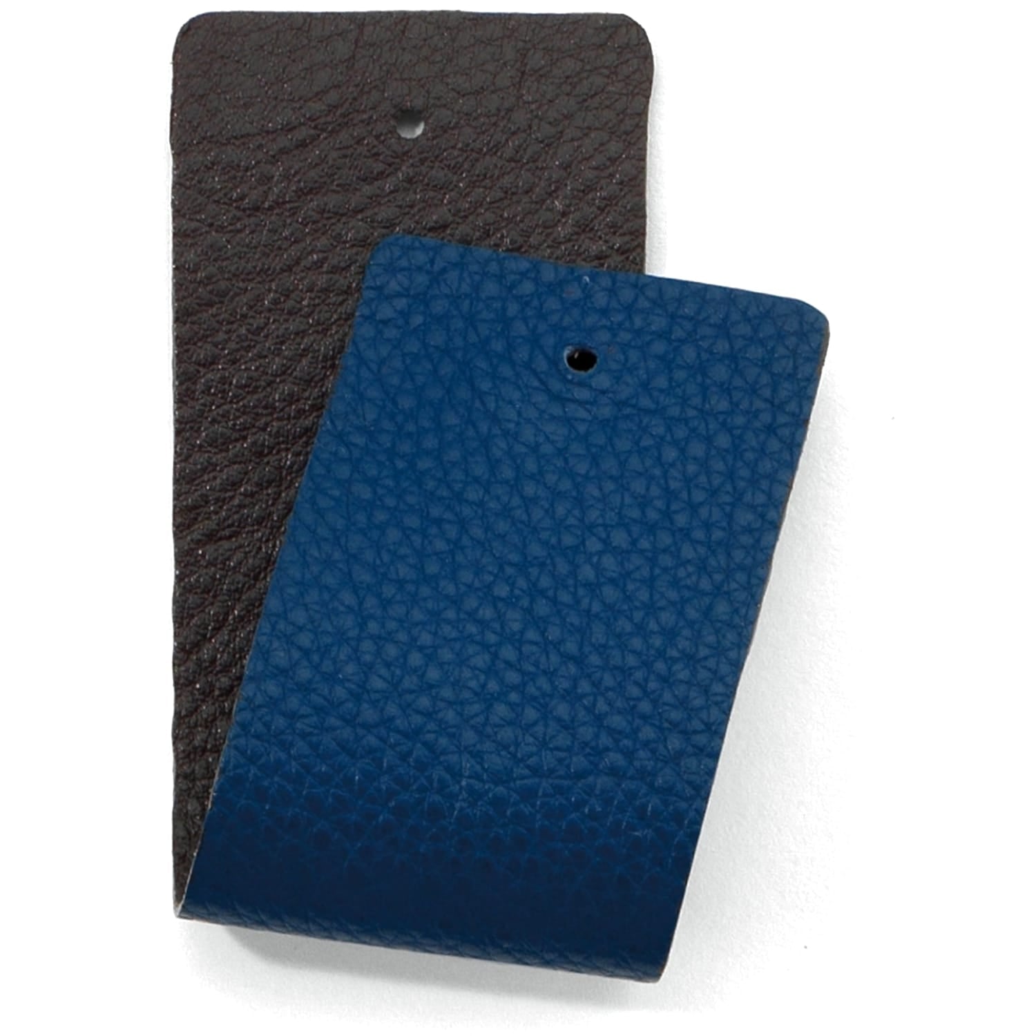 Brighton leather swatches in dark brown and blue with pebbled texture and punched holes on a white background