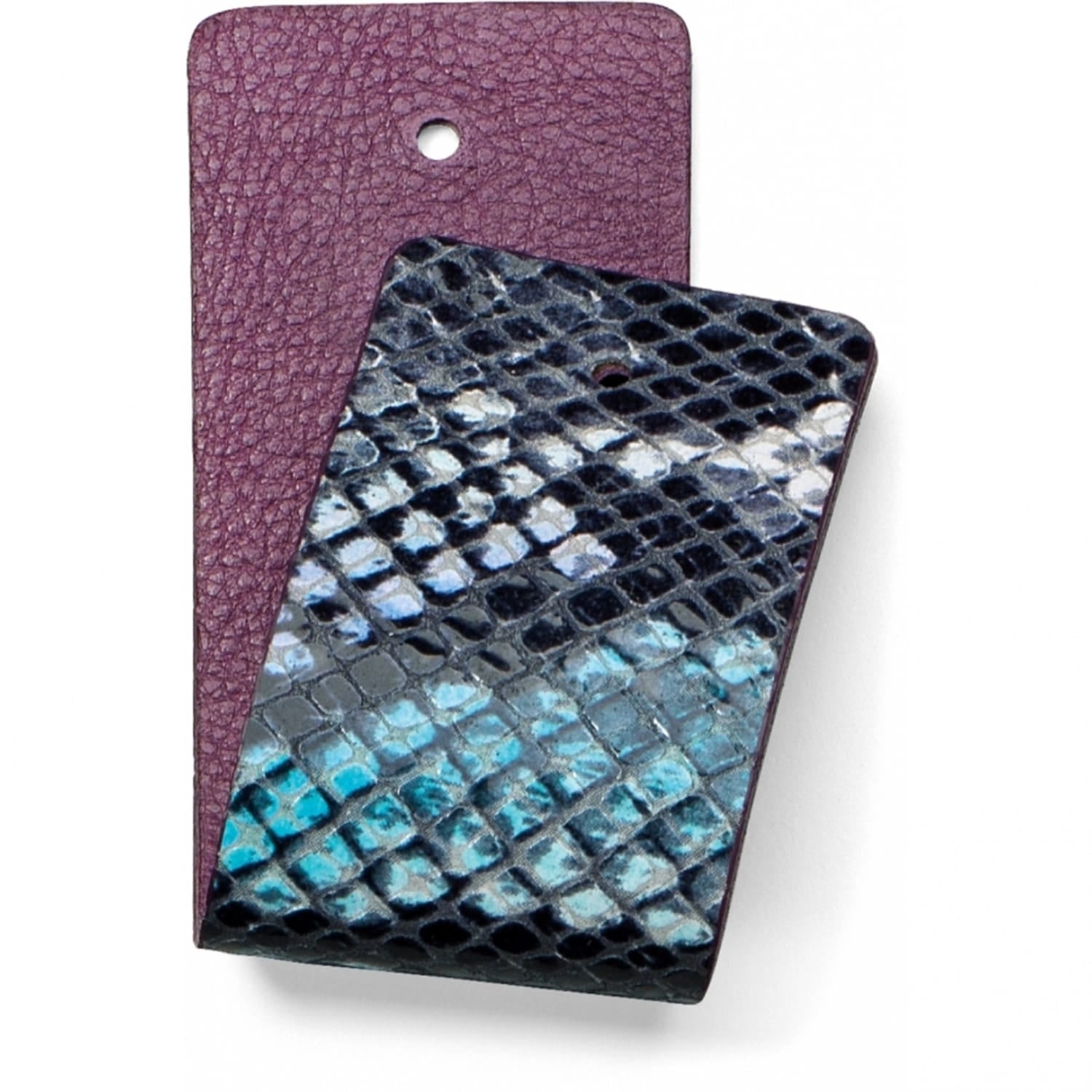 Brighton leather swatches in purple pebbled texture and blue snake-print finish on a white background