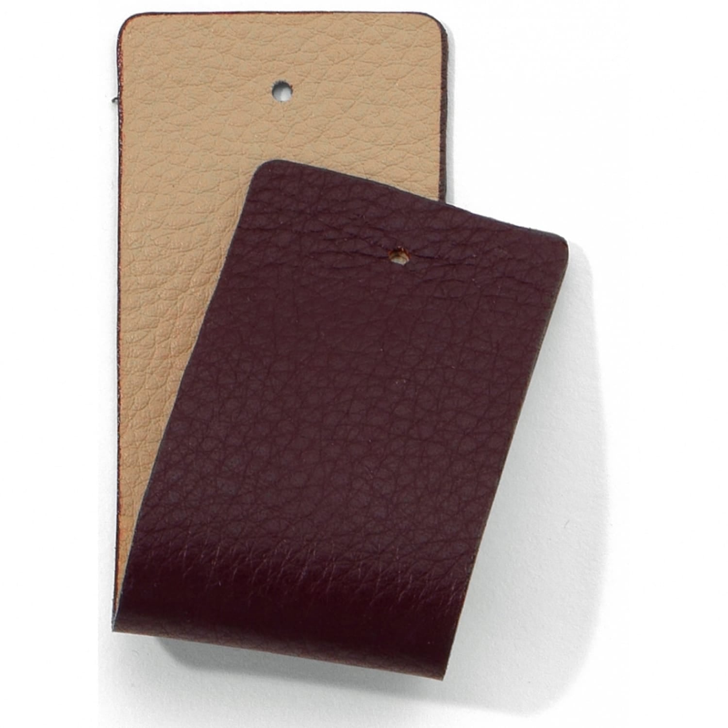 Brighton leather swatch samples in burgundy and beige showing pebbled texture with punched holes on a white background