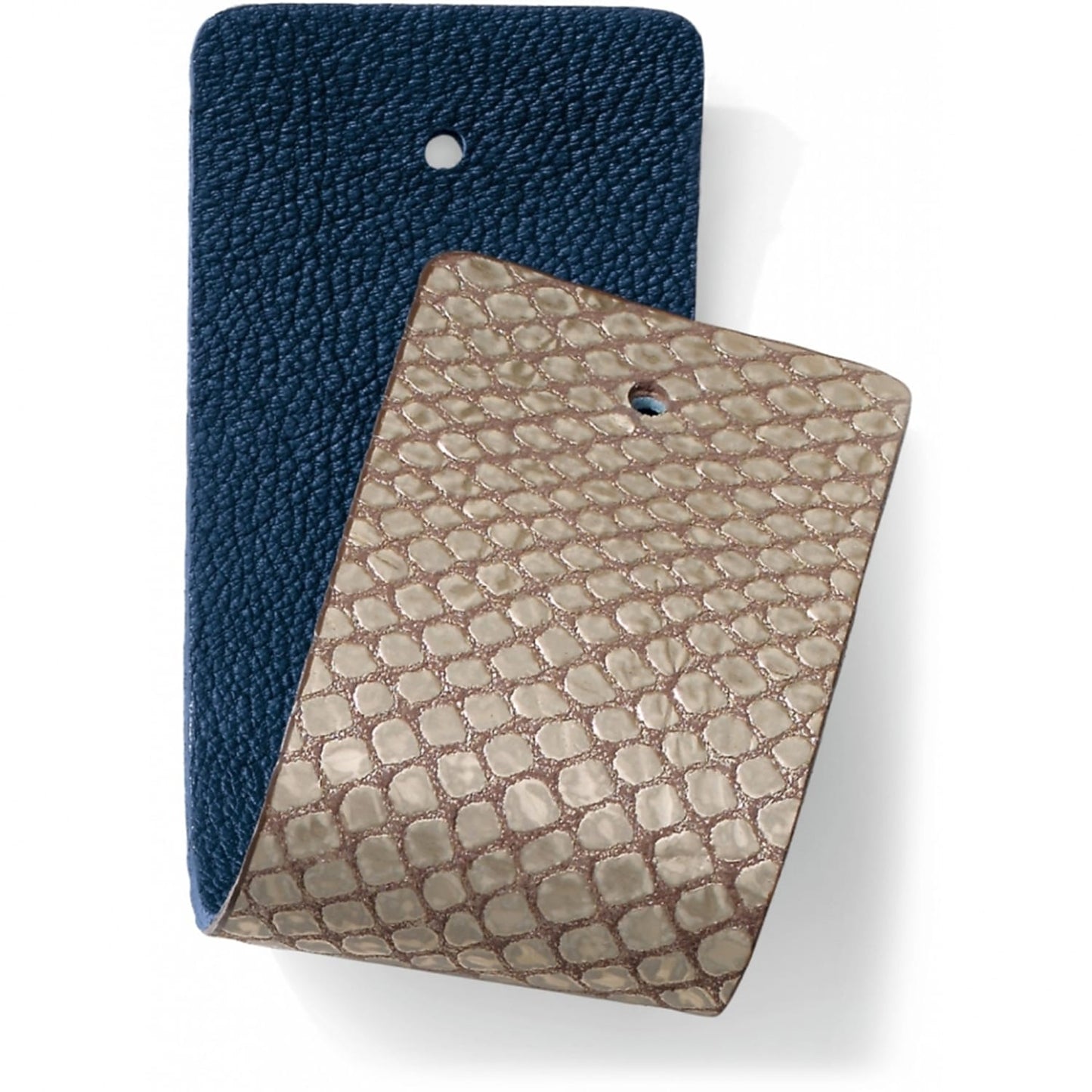 Brighton leather swatches in navy pebbled texture and beige snakeskin embossed finish with punched holes on a white background