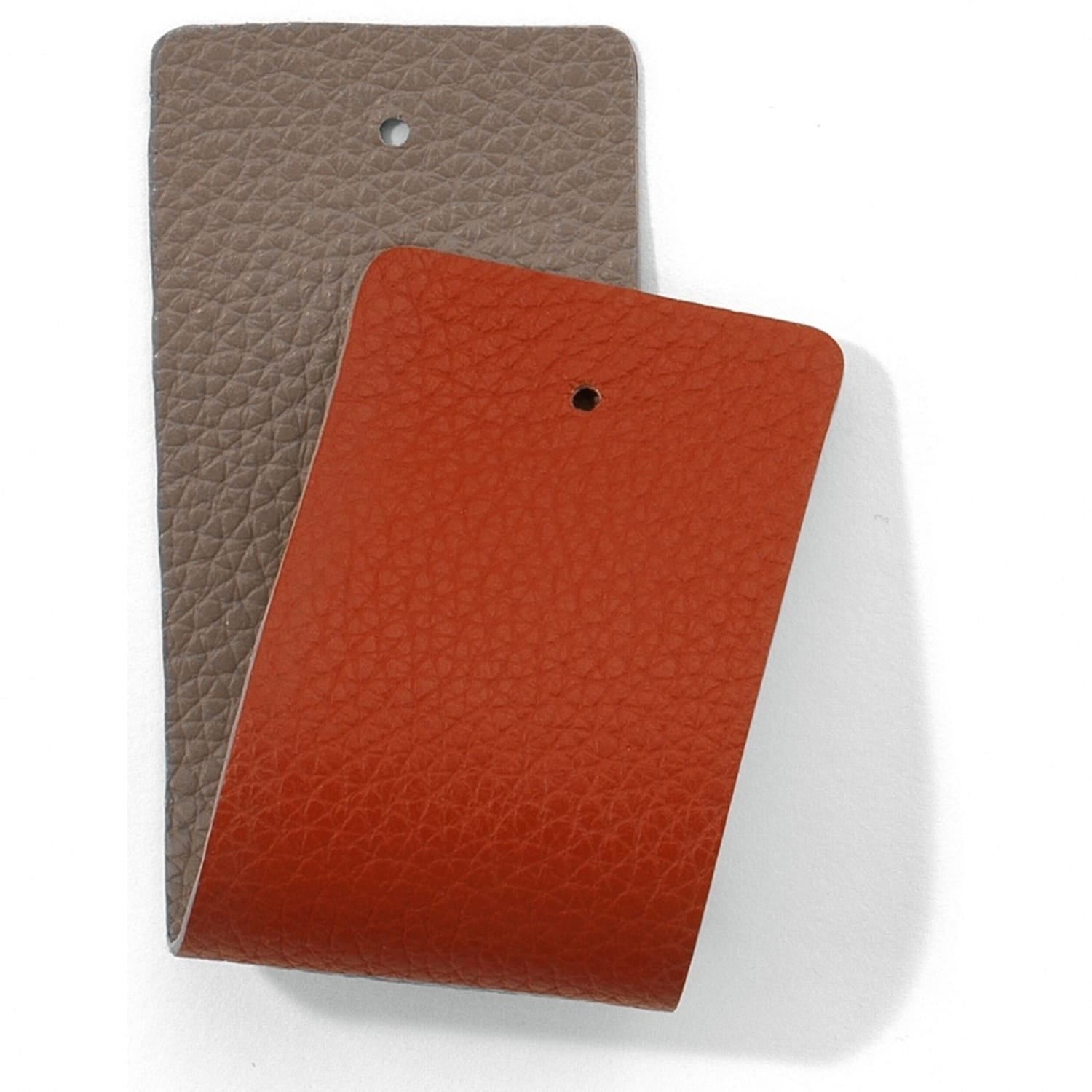 Brighton leather swatch samples in taupe and orange with pebbled texture and punched holes on a white background
