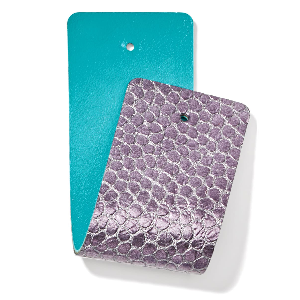 Brighton leather tag samples in turquoise and metallic purple snakeskin texture with punched holes on a white background