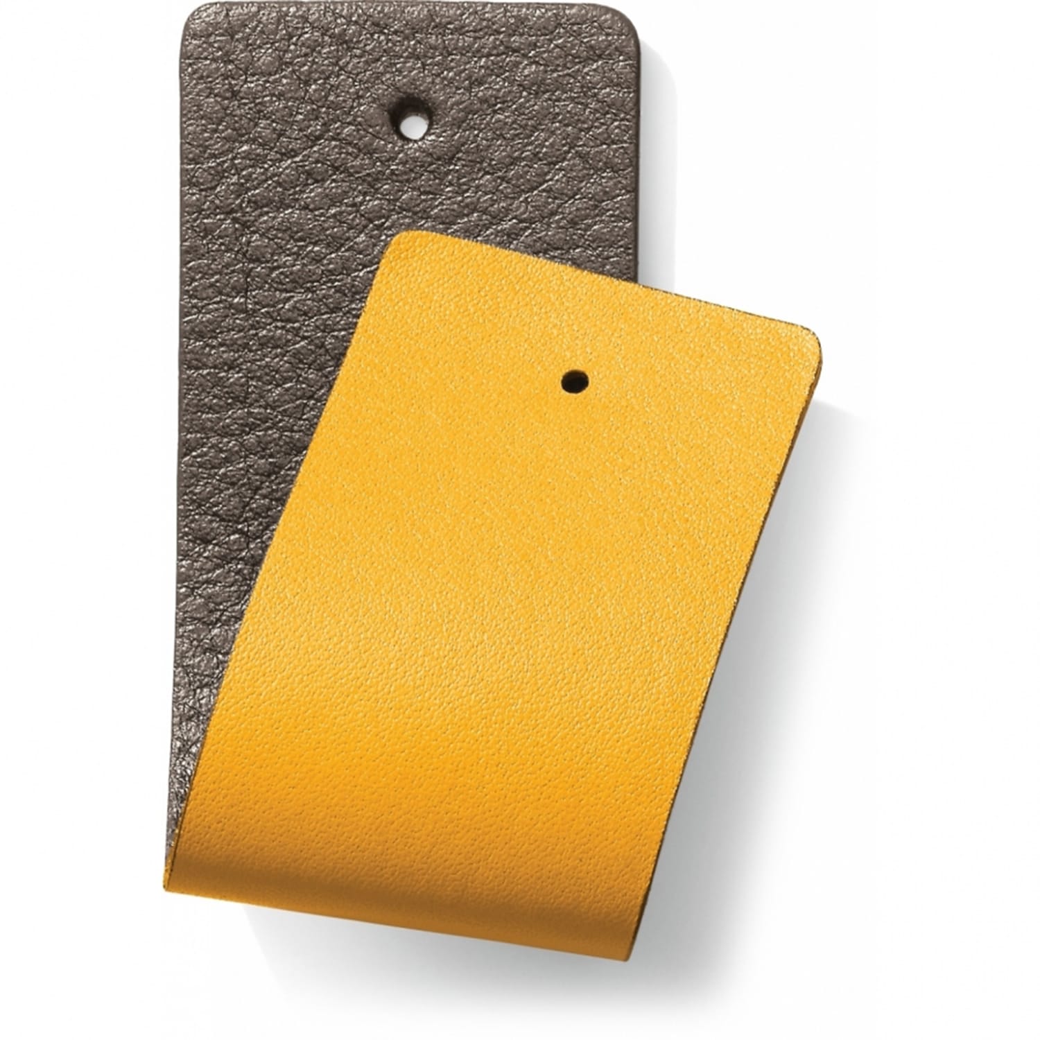 Brighton leather swatch samples in dark brown and yellow with pebbled texture and punched holes on a white background
