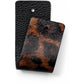 Brighton leather swatches in black pebbled texture and brown patterned finish with rivet holes on a white background