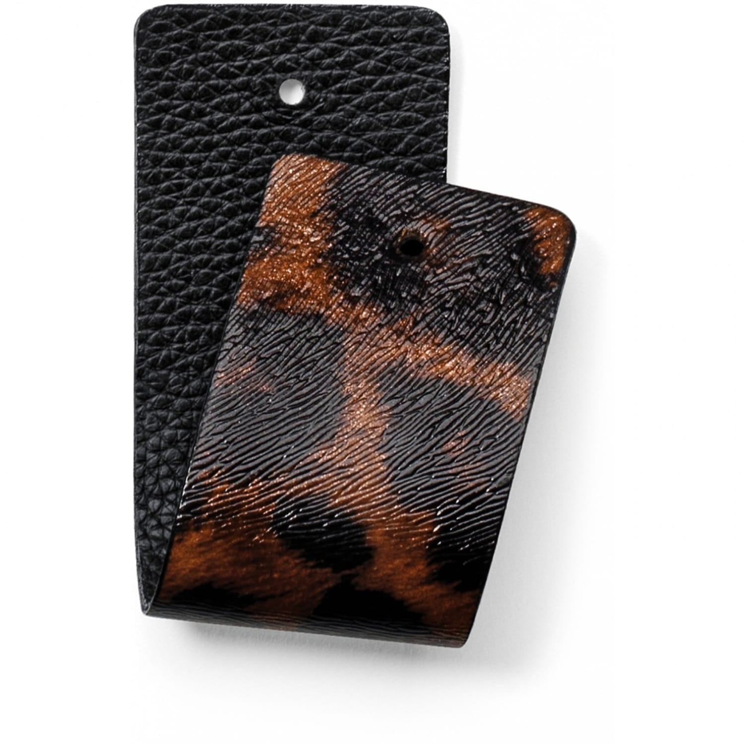 Brighton leather swatches in black pebbled texture and brown patterned finish with rivet holes on a white background