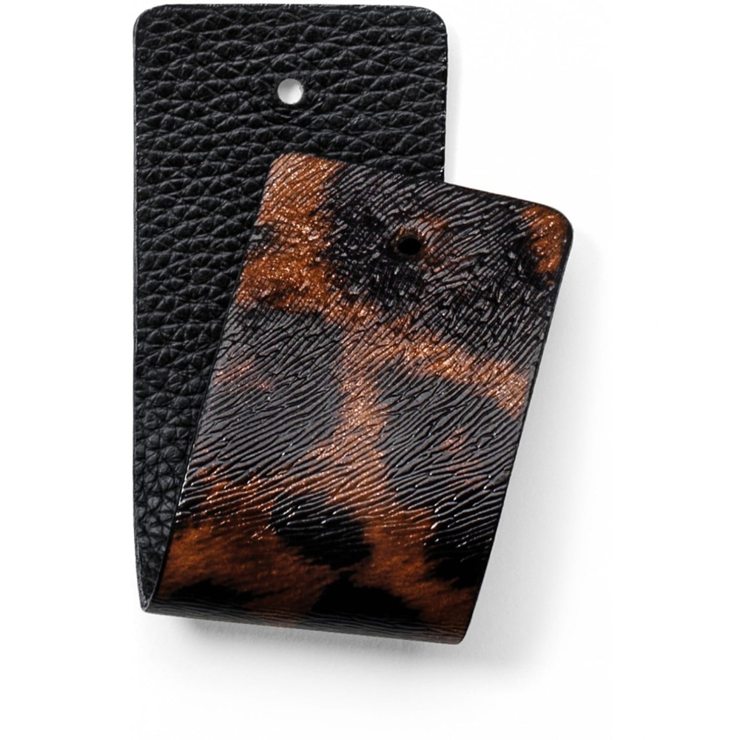 Brighton leather swatches in black pebbled texture and brown patterned finish with rivet holes on a white background