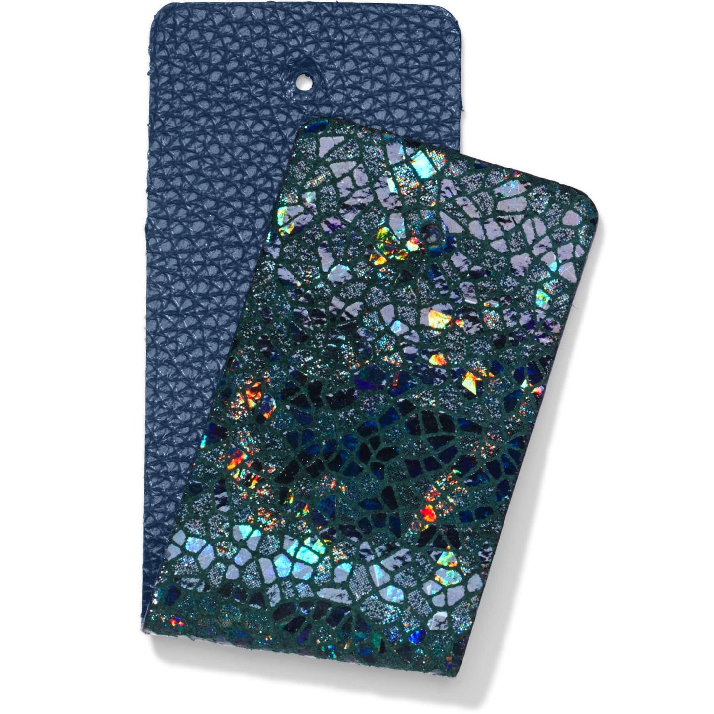 Brighton leather swatches in navy pebbled texture and iridescent green mosaic finish with holographic accents on a white background