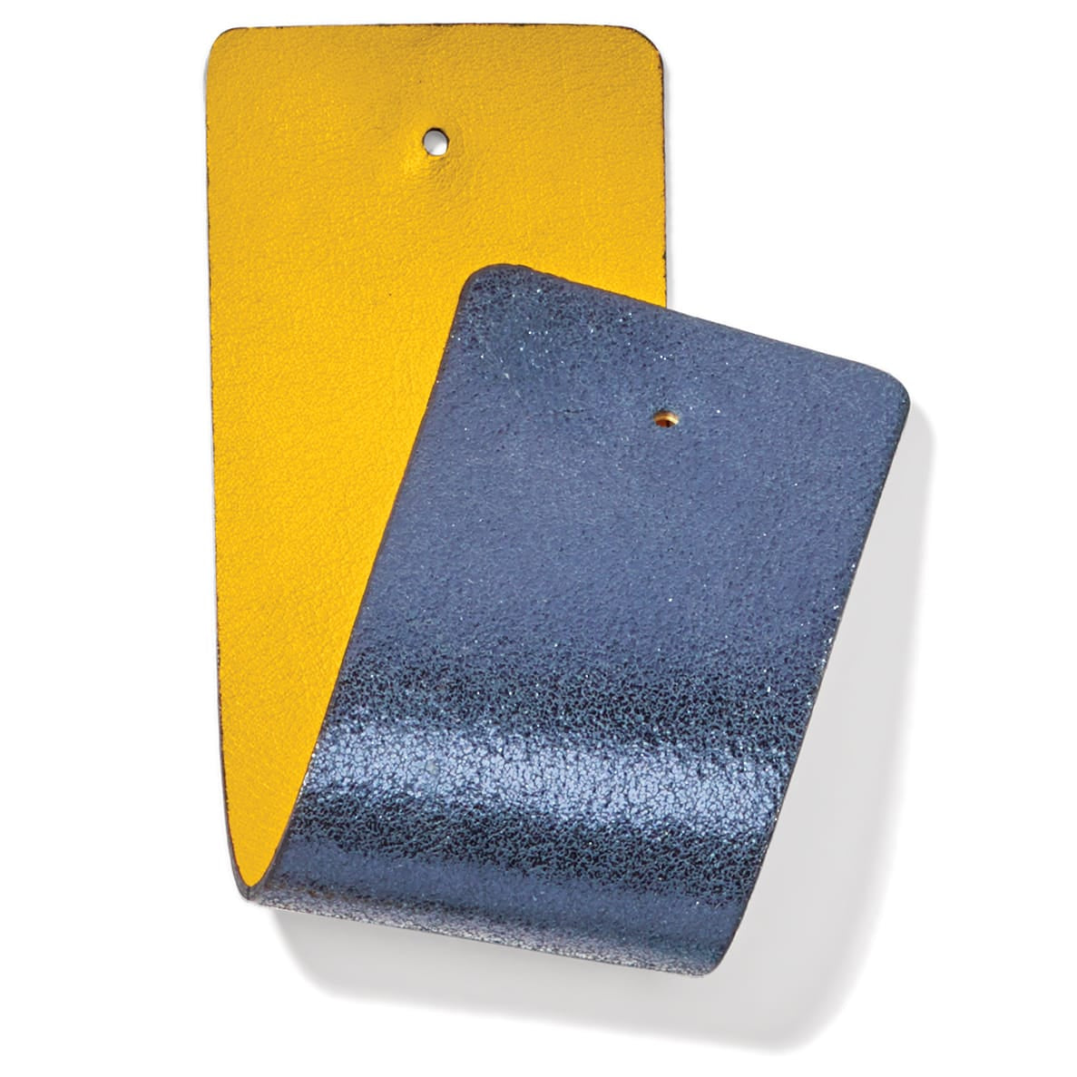 Brighton leather goods with yellow rectangular piece and textured blue-gray piece, each with small hole, on a white background
