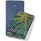 Brighton leather swatches in navy pebbled texture and green iridescent snake-print finish on a white background