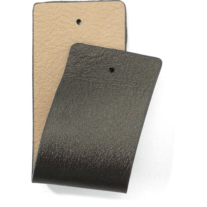 Brighton leather swatch samples in black and beige showing textured grain finish with punched holes on a white background