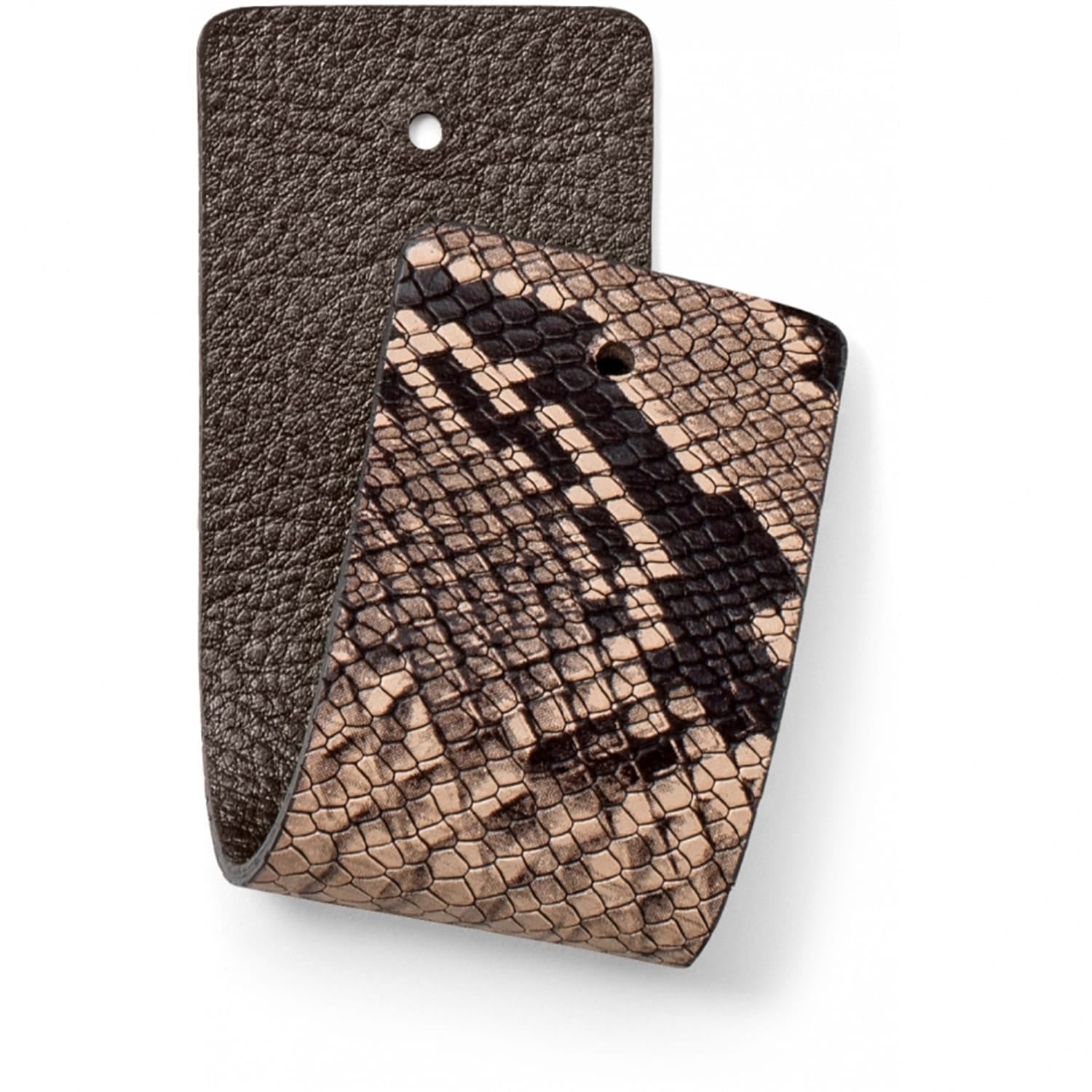Brighton leather swatch samples in dark textured finish and bronze snake print with punched holes on a white background