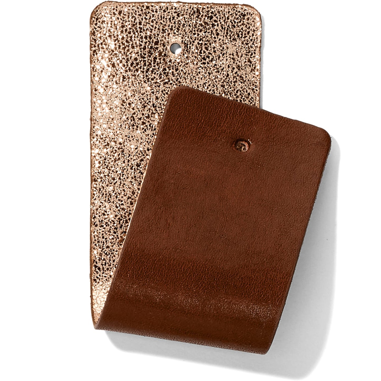 Brighton leather swatches in metallic rose gold glitter and smooth brown finishes on a white background