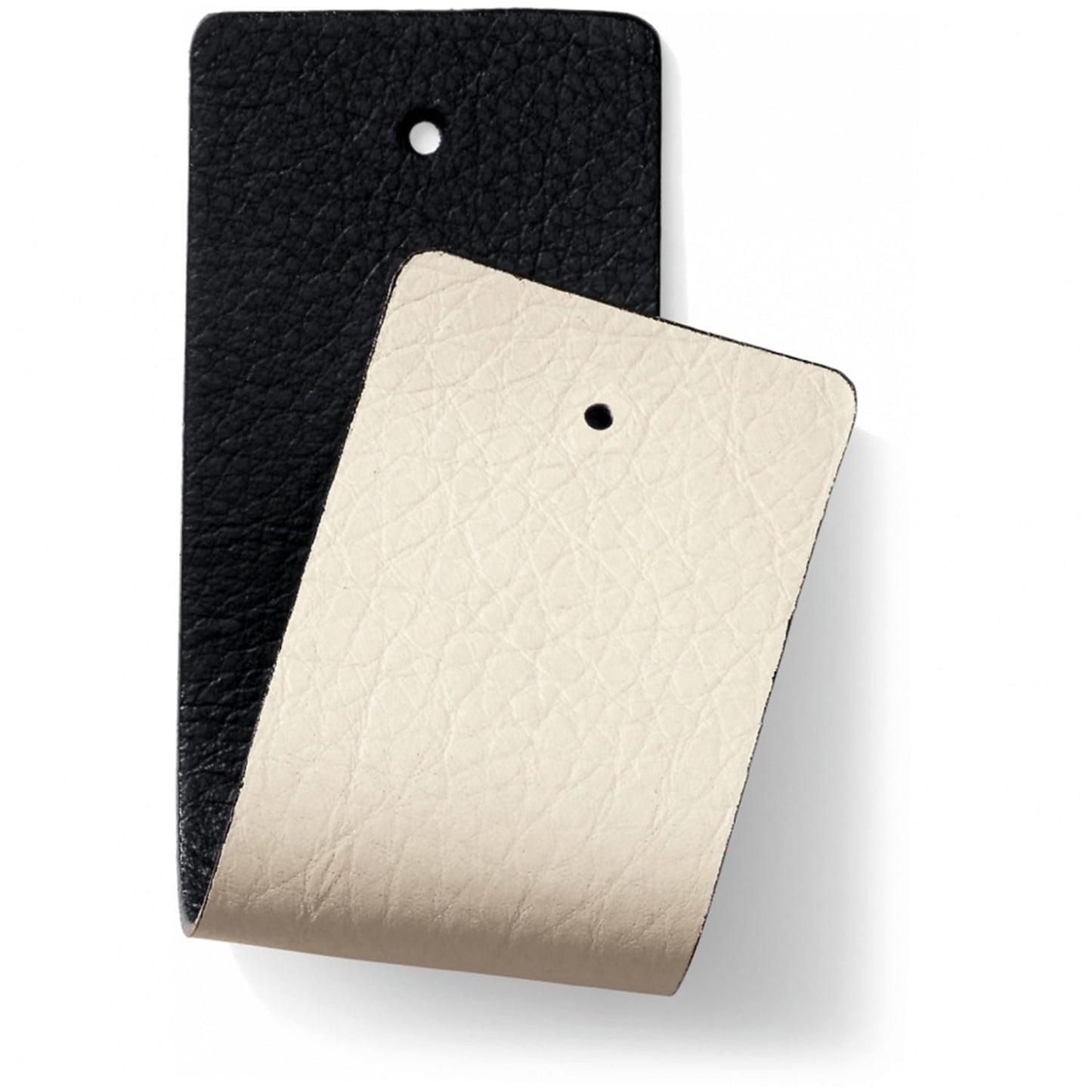 Brighton leather swatch samples in black and cream showing pebbled textures with punched holes on a white background